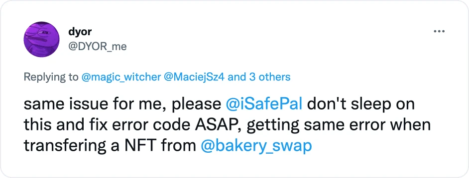 从 Bakery swap 转移 NFT 时出错