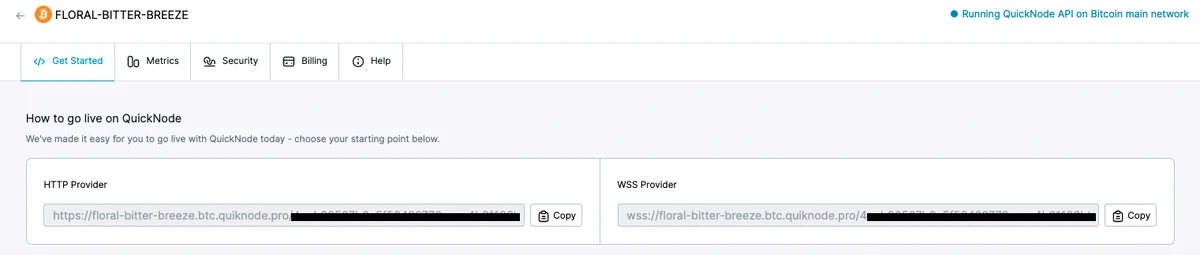 Quicknode比特币端点的截屏