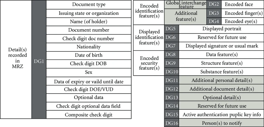 ICAO 电子护照数据组（DG1–DG16）的概述，显示了芯片中编码的信息，包括机器可读区域 (MRZ) 详细信息、生物识别标识符（面部、指纹、虹膜）、安全功能以及其他个人/文档数据。