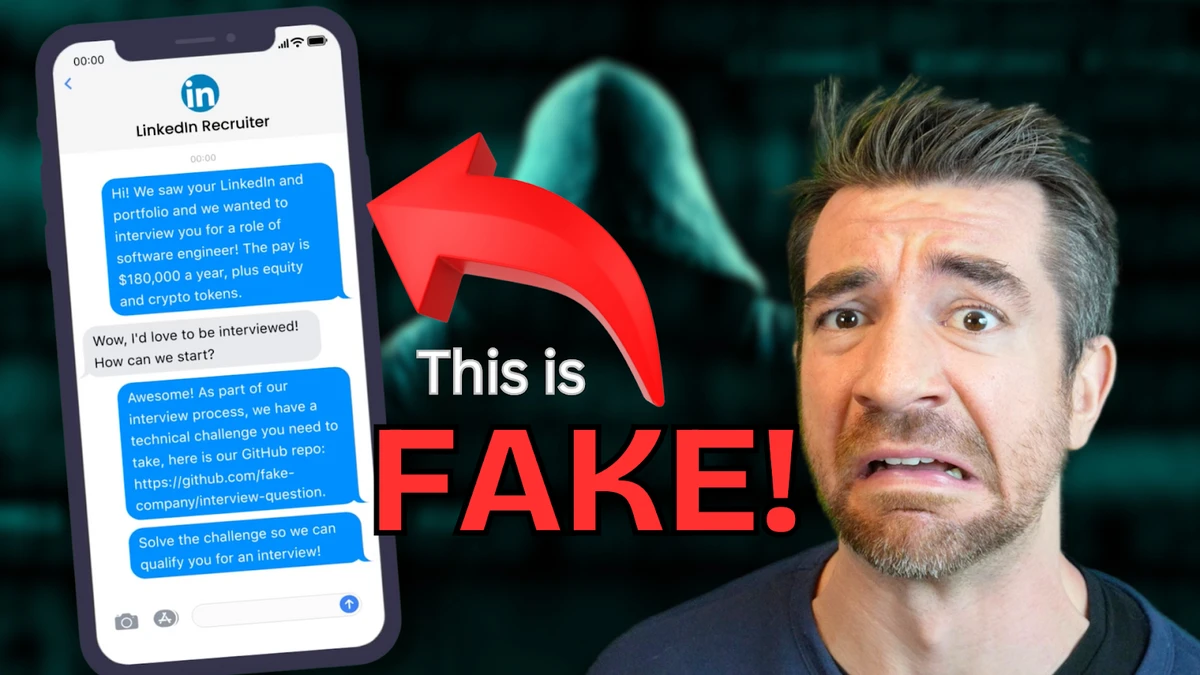 一幅警告图形，描绘了一条假 LinkedIn 招聘者消息，诱骗受害者提供虚假的工作机会和技术挑战。