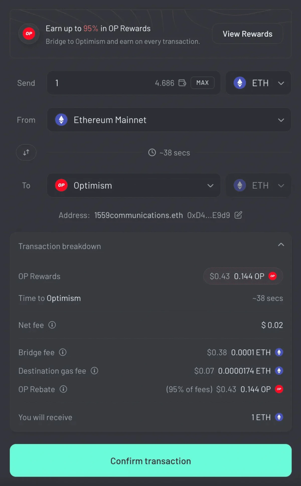 将资金从主网转移到Optimism。若用户存入1个$ETH，他们会收到1个$ETH，转移费用非常低