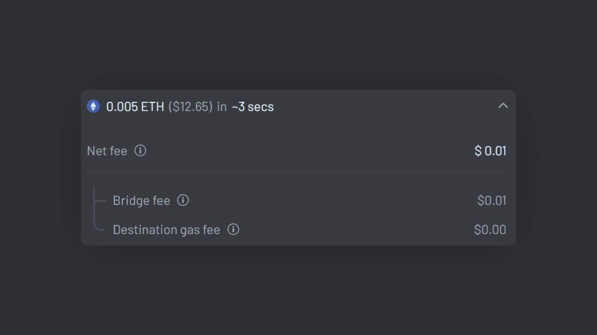 选择你的起始链并选择 World Chain 作为你的目标链，并查看预计的完成时间和费用。