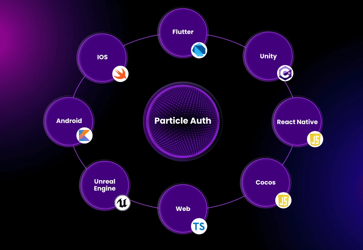 Particle Auth 是一个身份验证框架，它允许用户通过一个包罗万象的社交登录机制来验证（钱包创建）和使用（账户创建）他们的应用程序，同时通过 paltforms 的 WaaS 系统，提供对各种开发框架、中间件系统和独立区块链环境的访问。（图片来源：Particle Auth 简介，来自 Particle Network 文档）