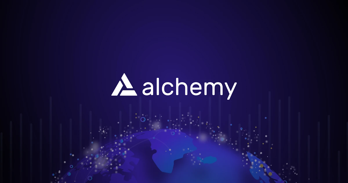 Alchemy logo floating above an illustration of the world.